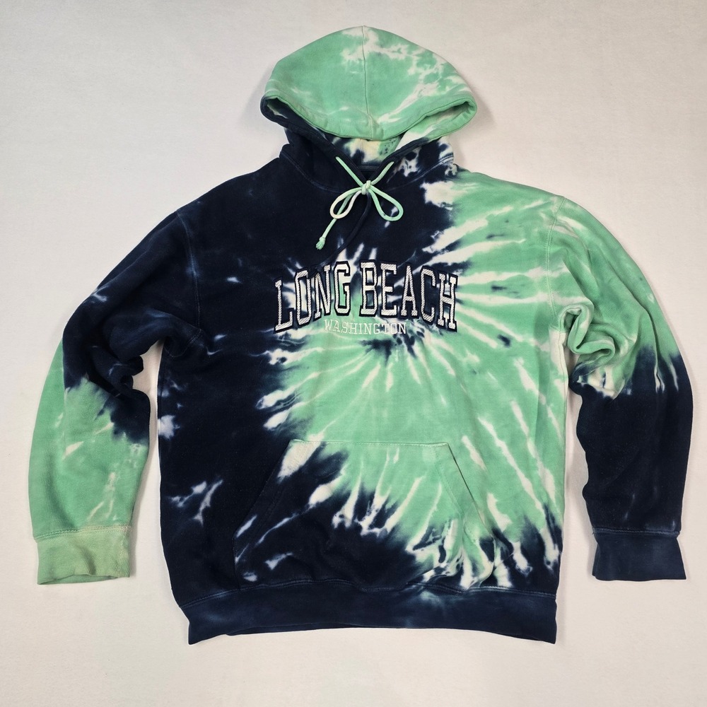 Long Beach Washington Tie Dye Hoodie Green Navy Blue Unisex Medium Hippie Beach